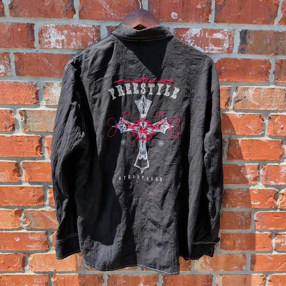 Atti Button Down Shirt Mens Large Black Freestyle Cross Embroidered Western Y2K